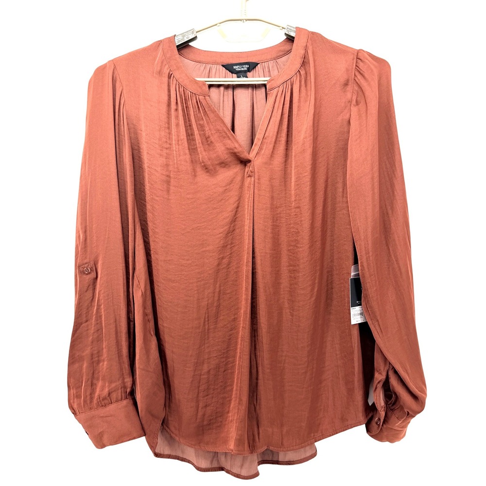 NEW Simply Vera Vera Wang Blouse Womens Large Mahogany Roll Tab Silky Top